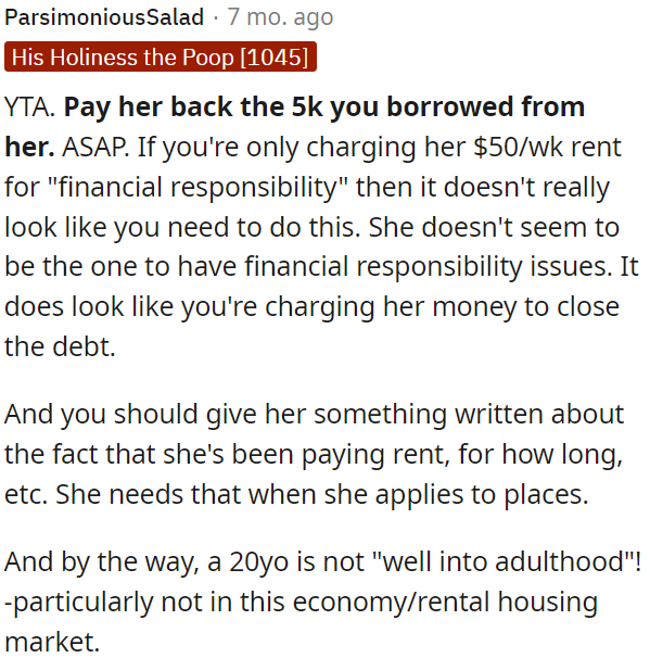 OP needs to provide her with written proof of her rent payments, which will be useful when she applies for housing.