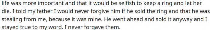 OP begged him not to, as she felt he was stealing something precious from her, but he went ahead and sold it anyway.