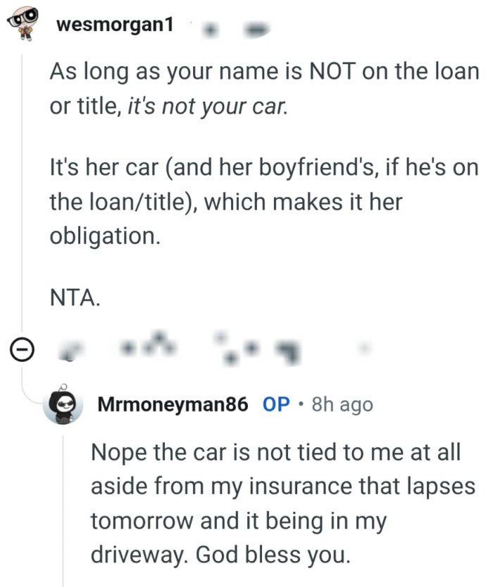 It's not the OP's car if it's not in his name