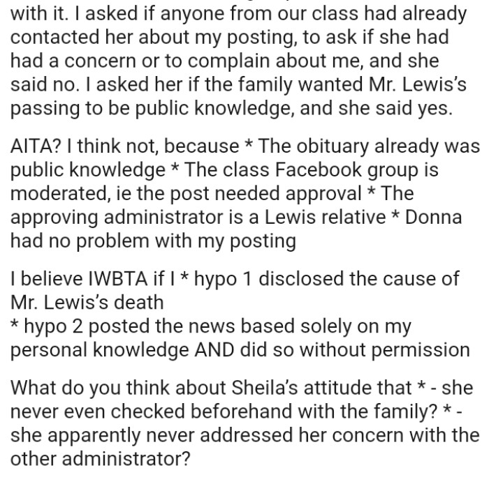 The obituary was already public knowledge, and the class Facebook group is moderated, meaning the post needed approval
