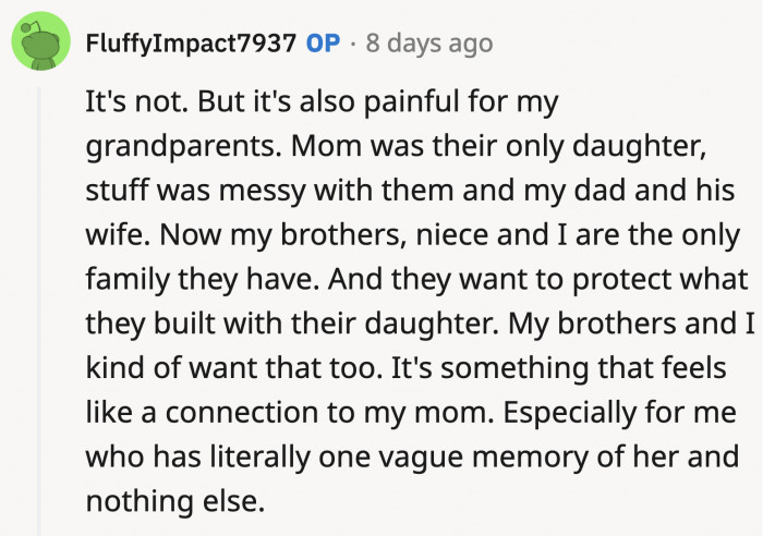 OP says it's still a painful memory for her grandparents since the mom is their only daughter. The restaurant is her legacy and only connection to the family.