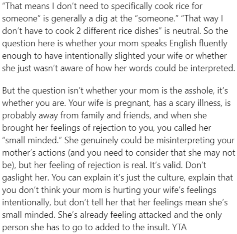 Redditors sided with the wife, saying that the mom's remark during the meal is indeed a dig toward her.