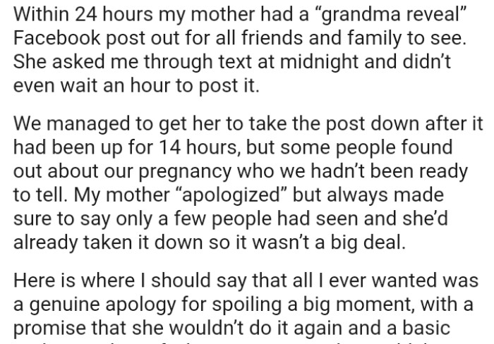 OP's mom says only a few people had seen the post and she’d already taken it down, so it wasn’t a big deal