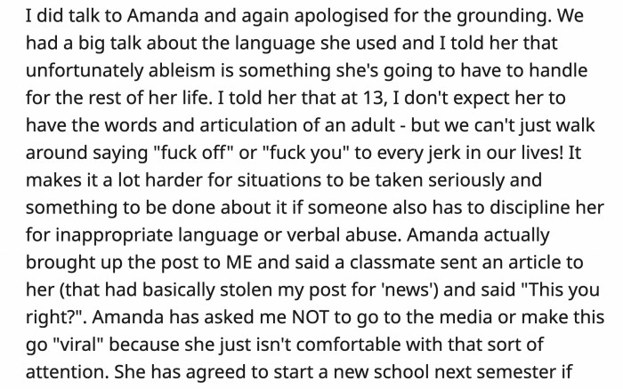 OP rescinded Amanda's punishment but explained to her why she couldn't just yell