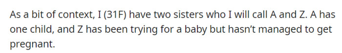 OP is a 31-year-old woman with two sisters, A and Z. A has one child, while Z has been facing difficulties in getting pregnant despite her attempts.