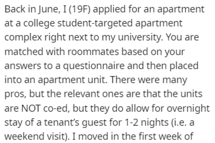 OP applied for an apartment at a college apartment complex and she was matched with 2 roommates, Tay and Jess