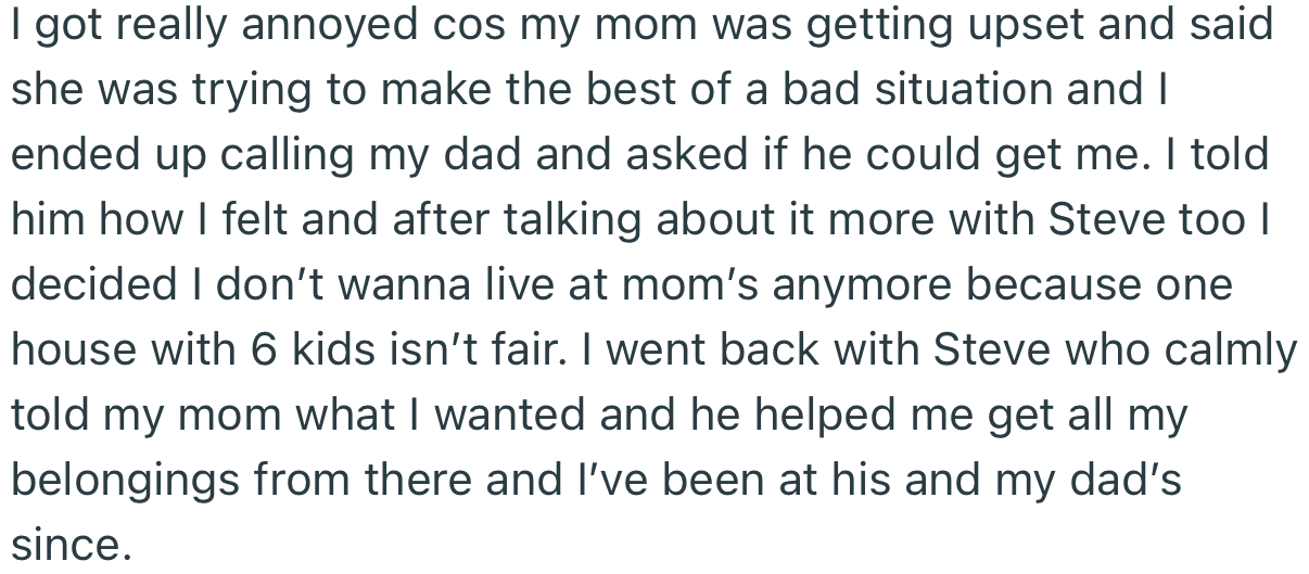 OP Eventually Moved In with Her Dad After Telling Her Mom How She Felt