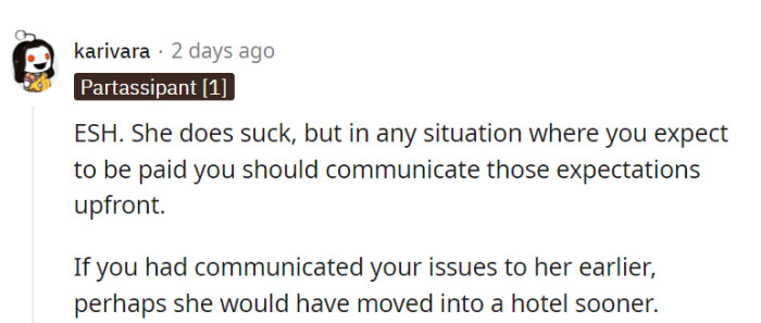 She's no angel, but setting payment expectations upfront would have been better...