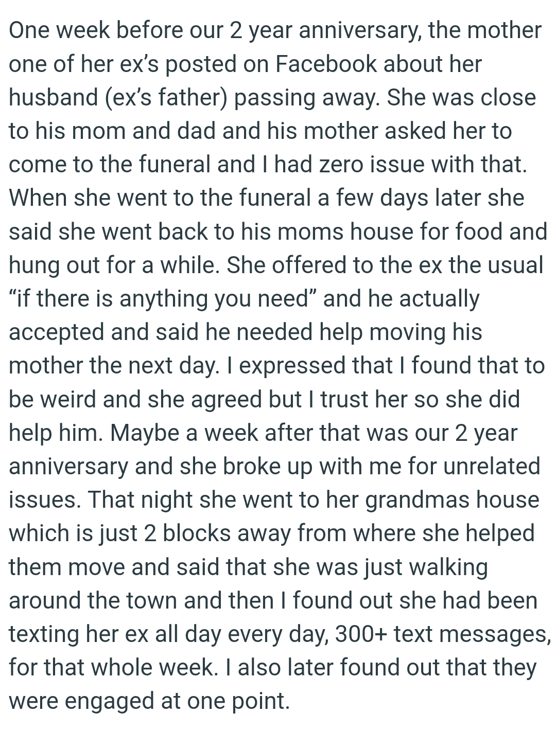 The ex's mother asked her to come to the funeral and the OP had zero issue with that