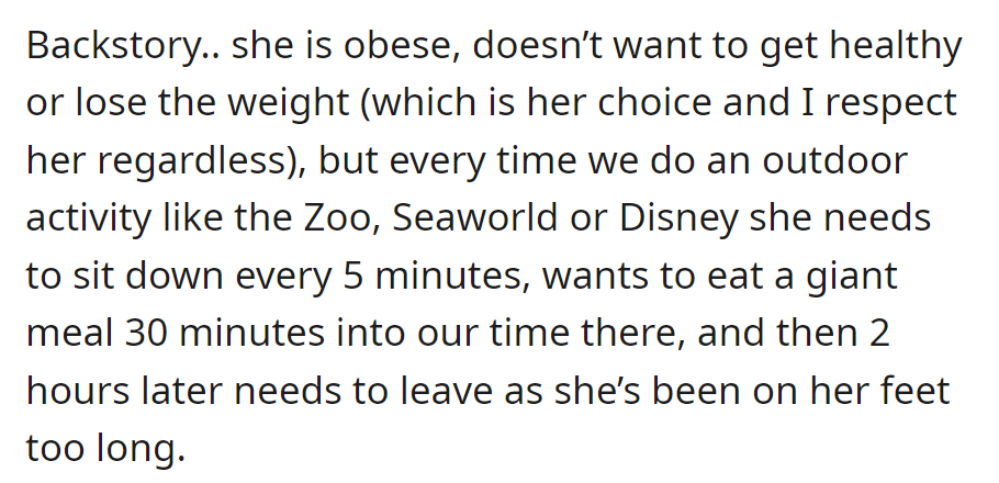 Obese Friend Takes Frequent Breaks, Eats Big Meals Early, and Leaves Early During Outdoor Activities Despite Not Wanting to Lose Weight.