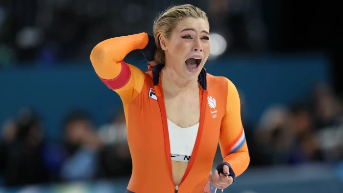 Jutta Leerdam speaks to reporters after winning gold and $1 million