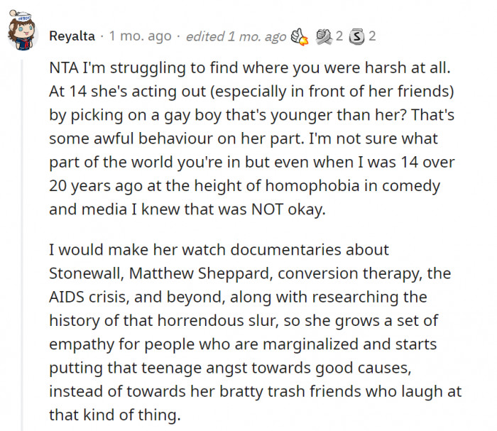 Now is actually the best time to teach her—and the rest of the children—that this kind of mindset should not be allowed in your home. It’s a good thing the adults were standing up for Hans.