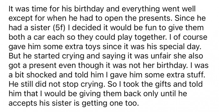 OP expected her nephew to share his gift with his younger sister, which he didn't take well.