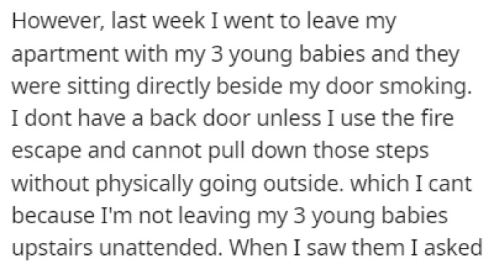 OP was about to leave her apartment one day with her 3 babies when she encountered the neighbors
