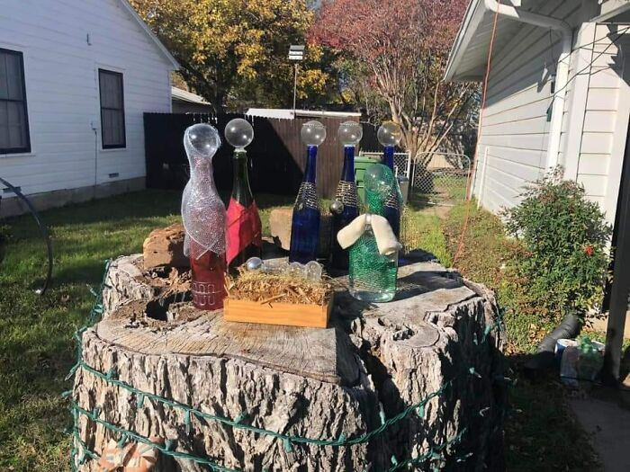 24. Came across this today: a nativity made from wine and liquor bottles.