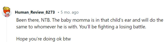 Dealing with a meddling baby momma is like an unwinnable chess game. Hope she's doing okay!