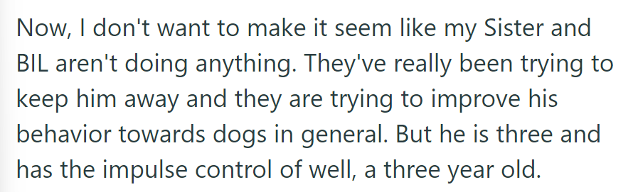 The sister and BIL are actively working to manage their son's behavior around dogs, but his impulses are typical for his age.