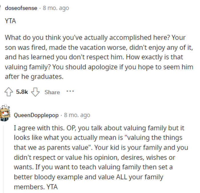 She definitely needs to apologize to her son because if he did something that caused her to lose her job, she'd clearly be mad.