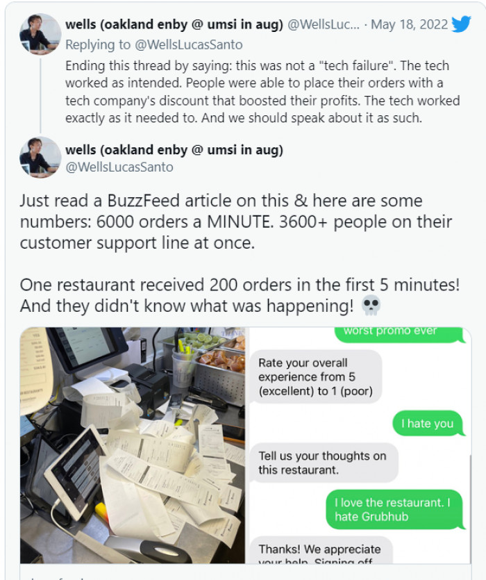 One restaurant received 200 orders in five minutes.