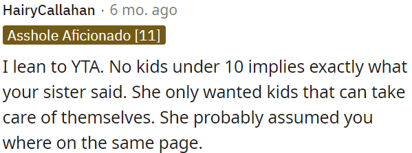 OP's sister's request for no kids under 10 indicates she wanted children who can be independent.