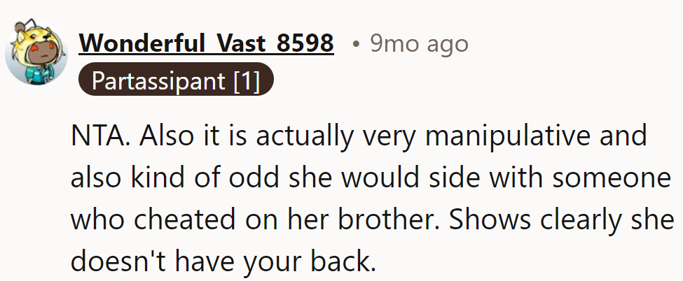 Family loyalty, or just selective amnesia? Looks like she's got some sibling switcheroo going on.