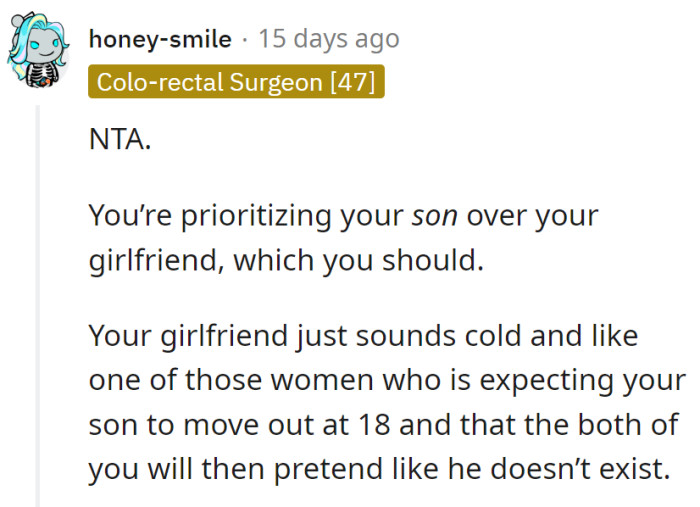 Choosing the son over the girlfriend? Wise move.