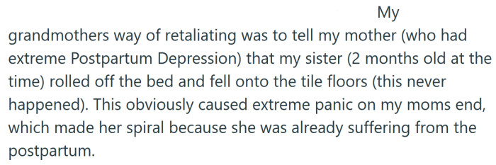 OP's grandmother lied and said the Redditor's sister had rolled off the bed and fallen on the tiles.