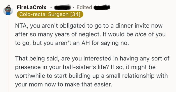 “NTA, you aren't obligated to go to a dinner invite now after so many years of neglect.”
