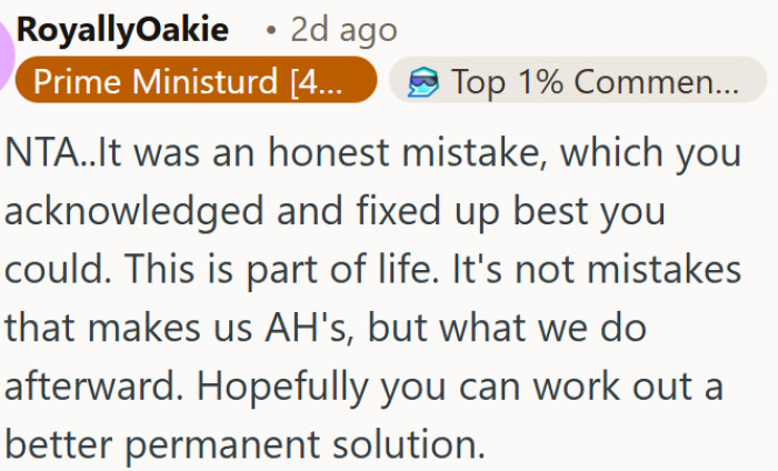 Making an honest mistake doesn't make OP a bad person