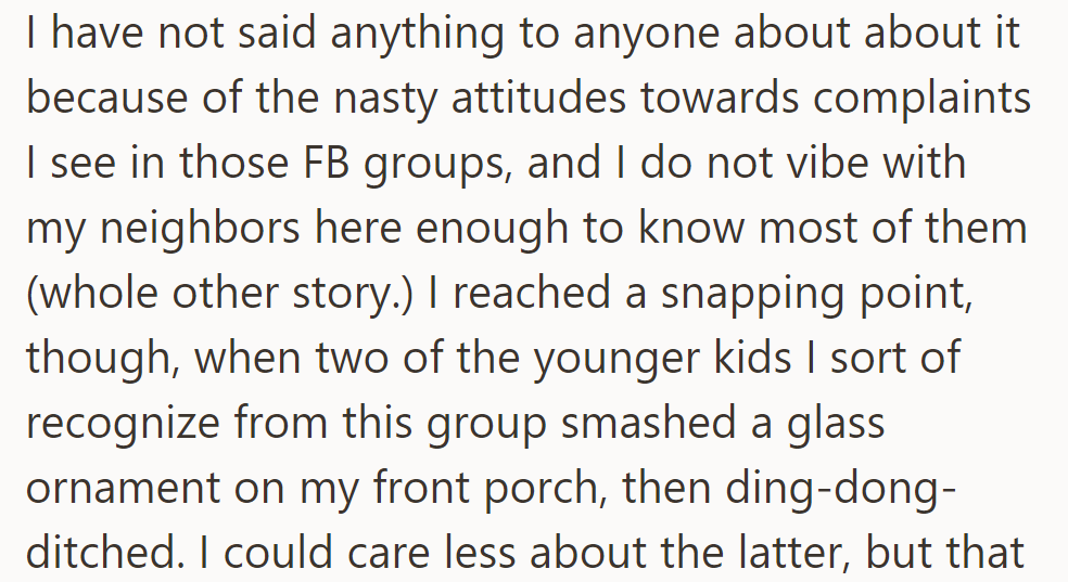 OP is avoiding complaints due to Facebook group negativity but reached a breaking point when kids broke the porch ornament and fled.