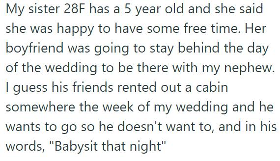 Her sister was supposed to attend the wedding without the OP's nephew, but the plan changed: