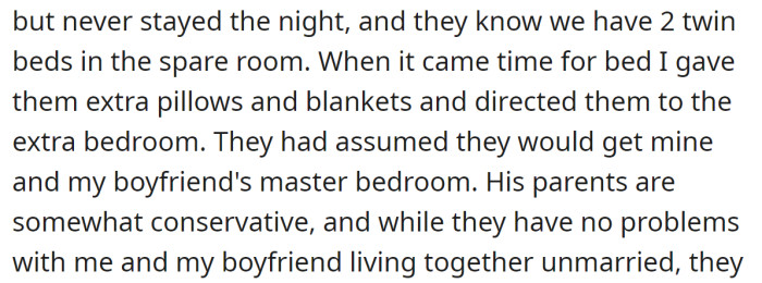 So when the time came for sleep, she directed her boyfriend's parents to the spare bedroom