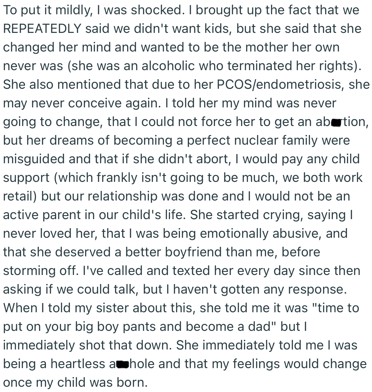 OP Made It Clear That Either She Terminates the Pregnancy or He Would End Their Relationship and Be Absent from the Child’s Life