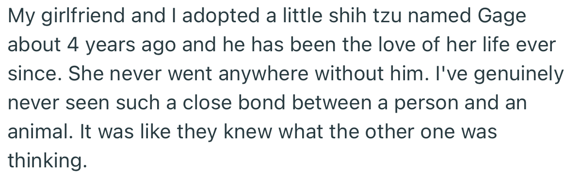 The couple adopted a Shih Tzu named Gage about 4 years ago. The dog and OP’s girlfriend were inseparable