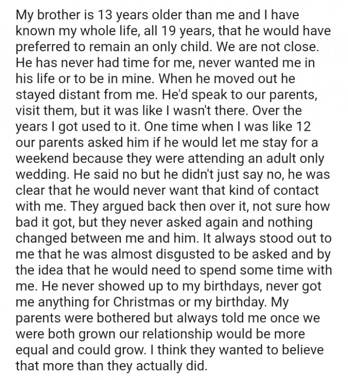 The OP's brother never showed up to her birthdays, never got her anything for Christmas or her birthday