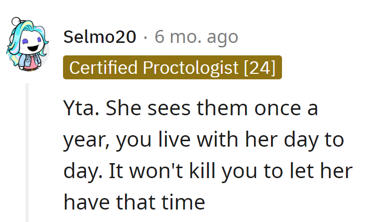 Once a year versus day-to-day drama. Give her the annual spotlight; it won't hurt, promise.