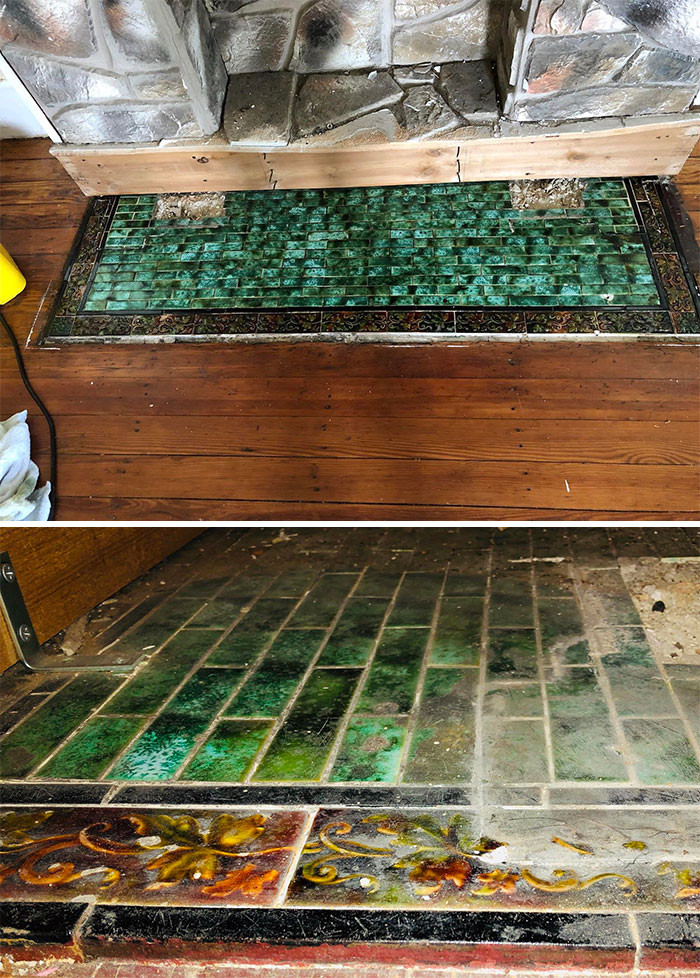 42. Tiles from the original 1880 Victorian house hidden under a faux fireplace