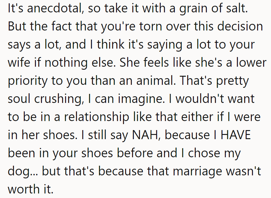 Feeling torn shows he values his wife. If she feels second to the cat, that’s tough. NAH.