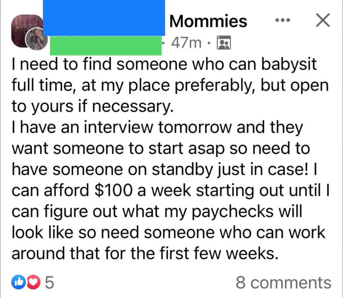 Full-time babysitting job for $100 a week