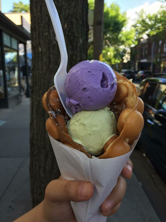Ube And Avocado Ice Cream Wrapped In A Hong Kong Waffle