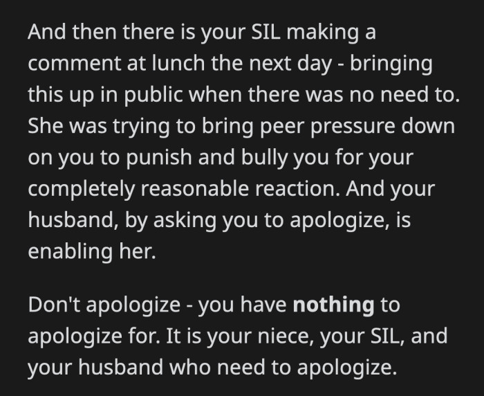 OP shouldn't cave in because the boundary she set was absolutely correct.