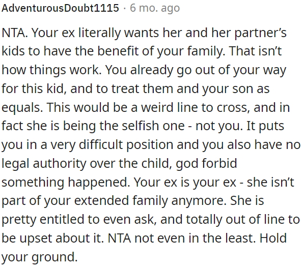 OP's ex is no longer part of his extended family, and her request is entitled and out of line.