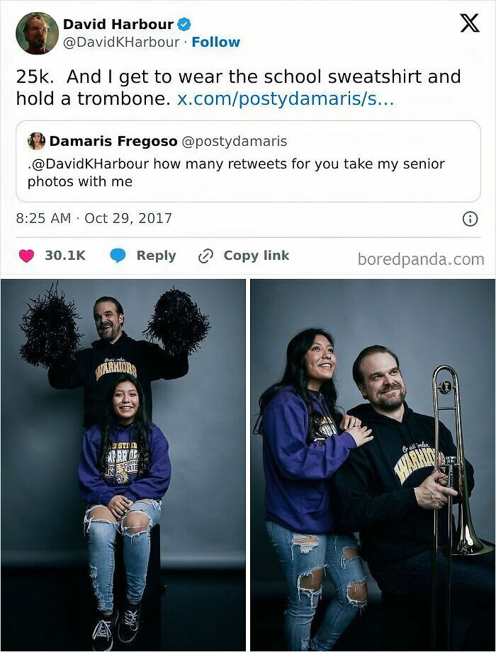 "A Fan Asked David Harbour On Twitter If He Could Join Her Yearbook Photoshoot. He Said He'd Do It For 20k Retweets. Well... Mission Accomplished"