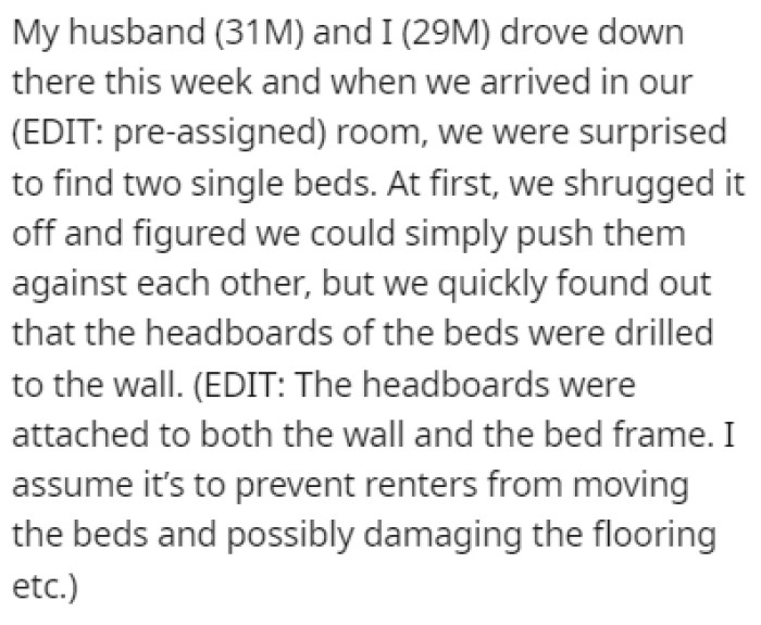 OP and his husband arrived at the Airbnb only to find two single beds in their room