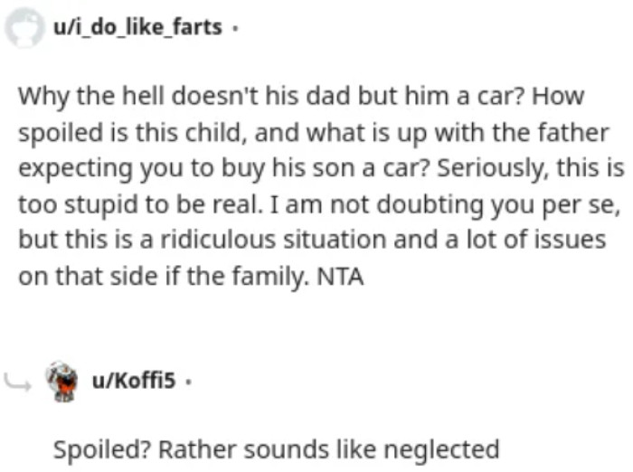 Why is the husband expecting the OP to buy a car for his son?