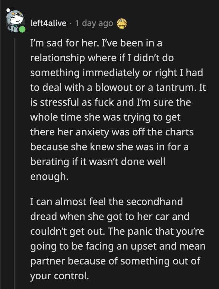 Her nerves were probably fried on the way to the pool because she anticipated how OP would react given his history