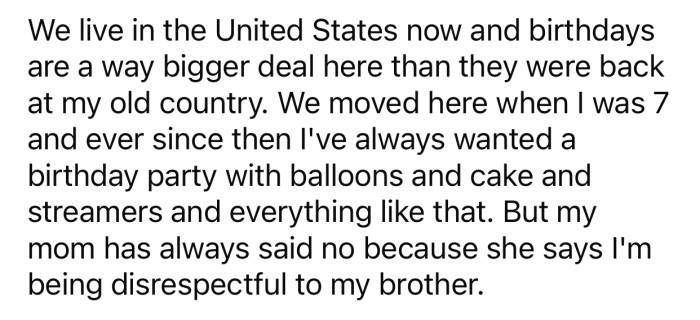 Even after moving to the U.S., OP's mom was still against celebrating her birthday.