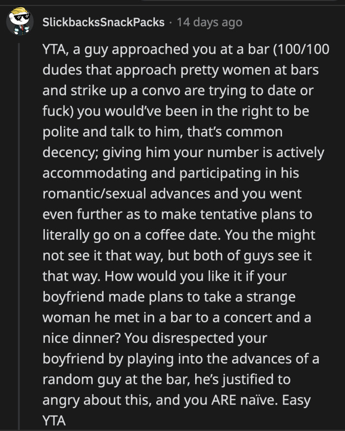 Conversing with a stranger and making it clear you are in a relationship is okay. Giving him your number and making future plans with him while your boyfriend is a few feet away is just too naïve to not be deliberate.