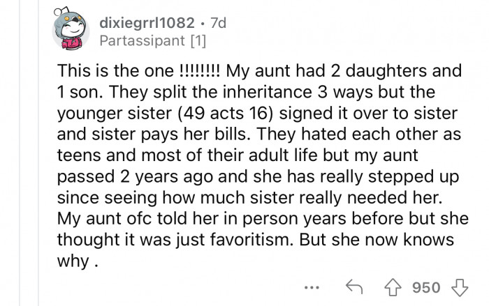 She initially thought it was favoritism but understood why later.