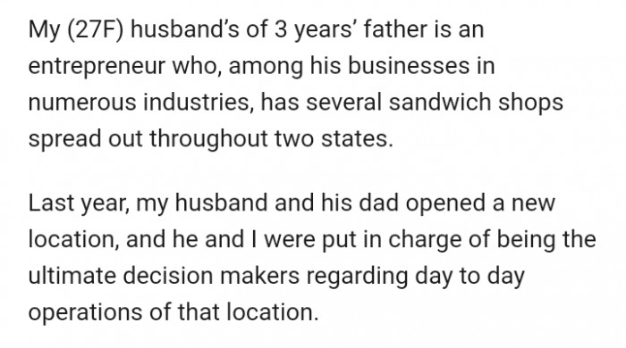 OP was put in charge of the new location that her husband and his dad opened
